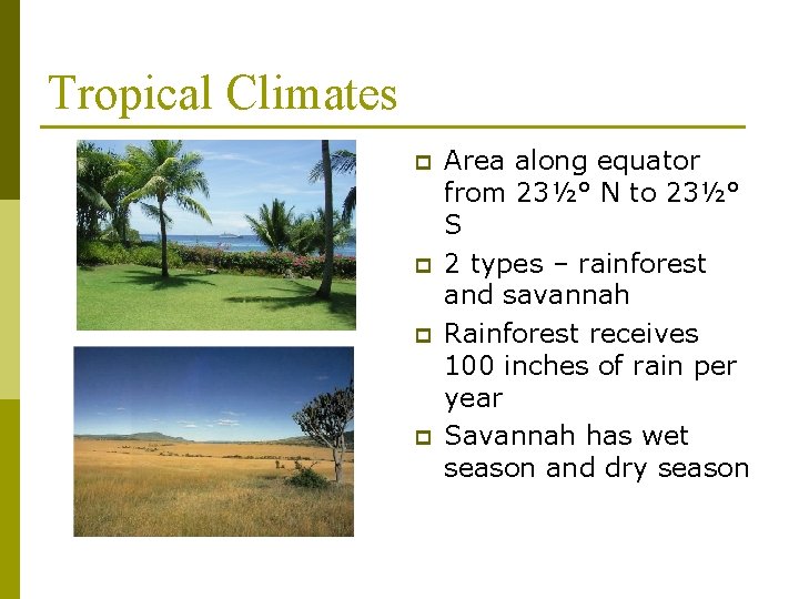 Tropical Climates p p Area along equator from 23½° N to 23½° S 2