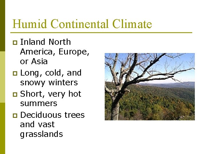 Humid Continental Climate Inland North America, Europe, or Asia p Long, cold, and snowy
