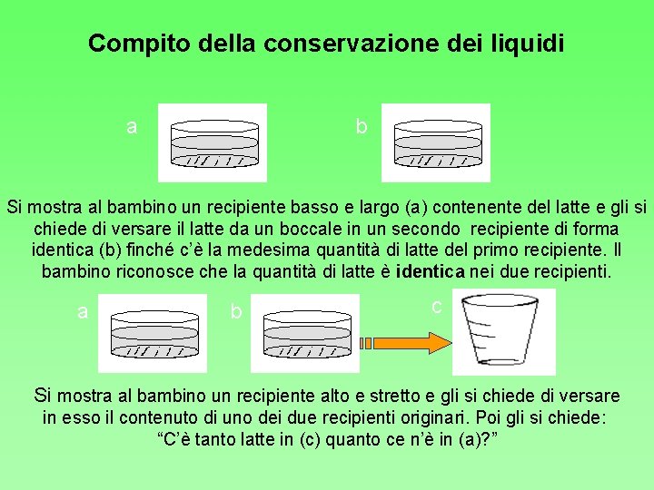 Compito della conservazione dei liquidi a b Si mostra al bambino un recipiente basso