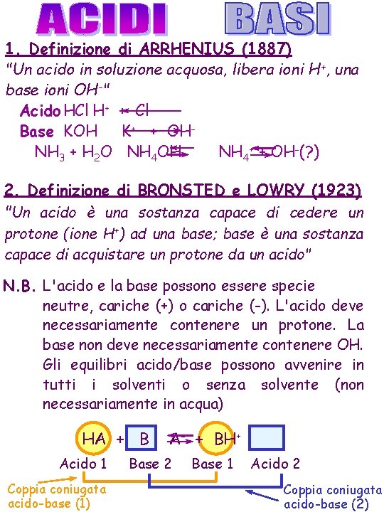 1. Definizione di ARRHENIUS (1887) "Un acido in soluzione acquosa, libera ioni H+, una