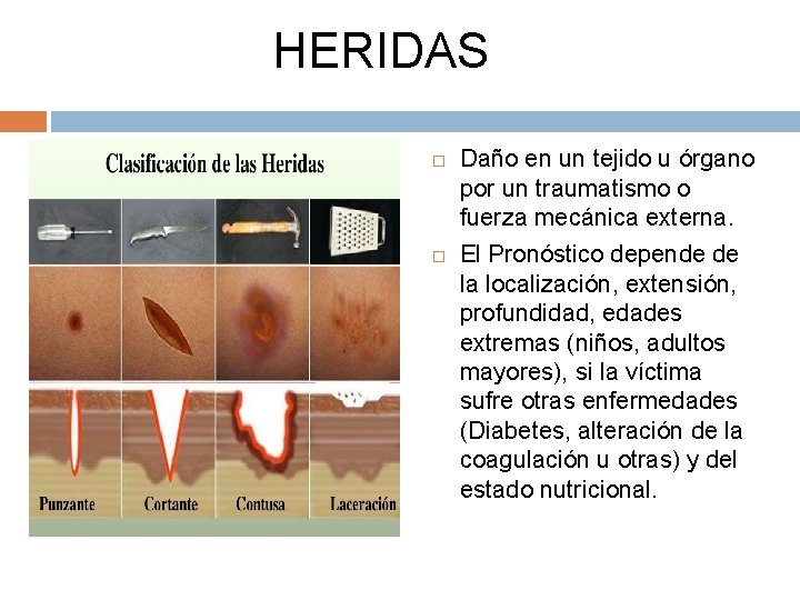 HERIDAS Daño en un tejido u órgano por un traumatismo o fuerza mecánica externa.