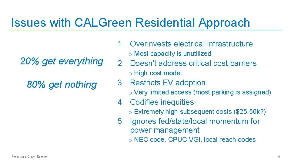 Issues with CALGreen Residential Approach 1. Overinvests electrical infrastructure 20% get everything o Most