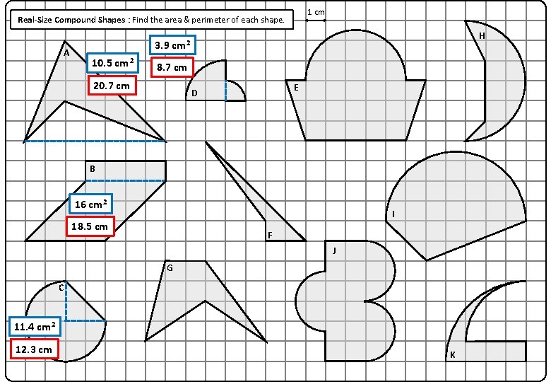 1 cm Real-Size Compound Shapes : Find the area & perimeter of each shape.