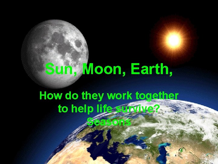 Sun, Moon, Earth, How do they work together to help life survive? Seasons 