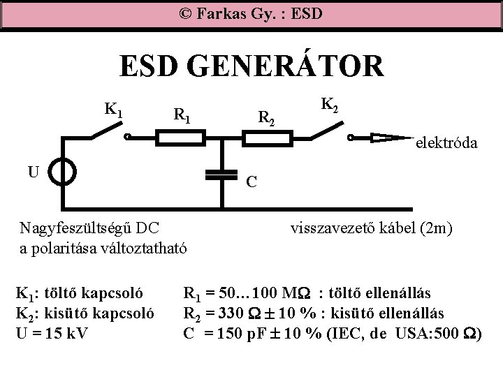 © Farkas Gy. : ESD GENERÁTOR K 1 R 2 K 2 elektróda U