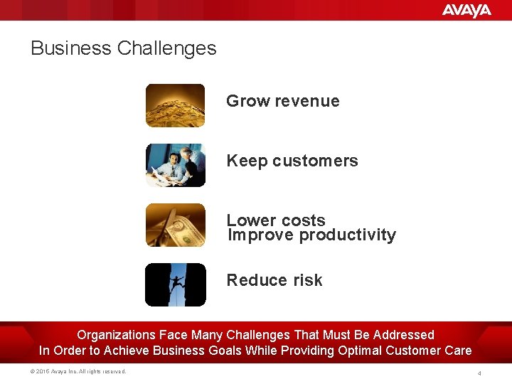 Business Challenges Grow revenue Keep customers Lower costs Improve productivity Reduce risk Organizations Face