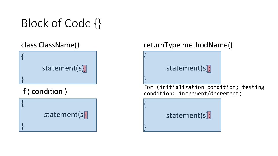 Block of Code {} class Class. Name() { statement(s); } if ( condition )