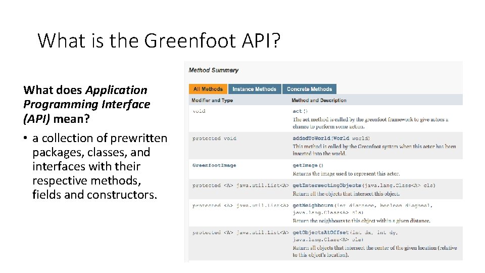 What is the Greenfoot API? What does Application Programming Interface (API) mean? • a