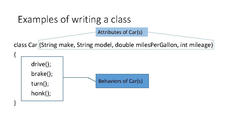 Examples of writing a class Attributes of Car(s) class Car (String make, String model,