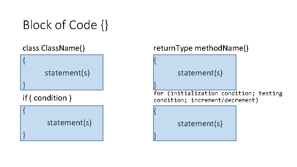 Block of Code {} class Class. Name() { statement(s) } if ( condition )