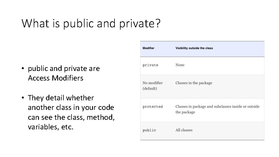 What is public and private? • public and private are Access Modifiers • They