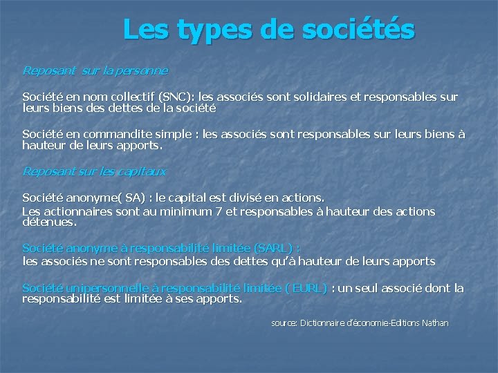 Les types de sociétés Reposant sur la personne Société en nom collectif (SNC): les