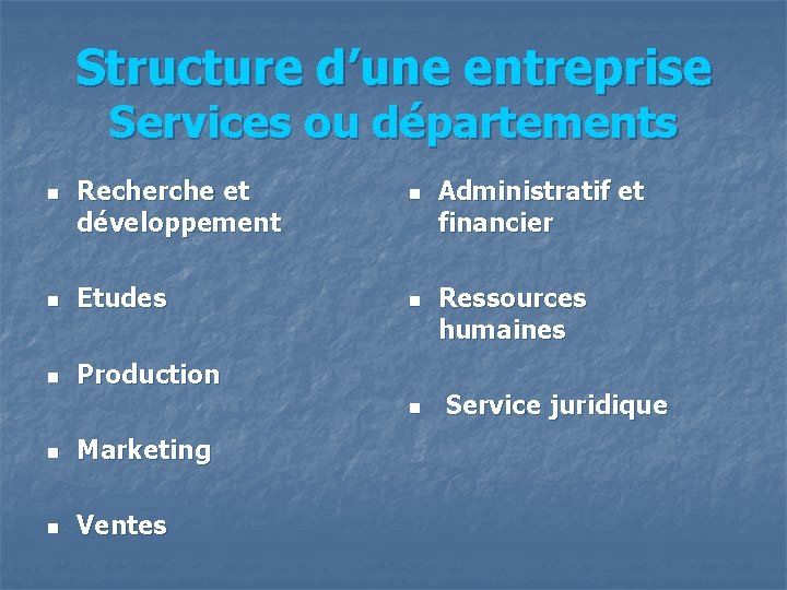 Structure d’une entreprise Services ou départements n Recherche et développement n Etudes n Production