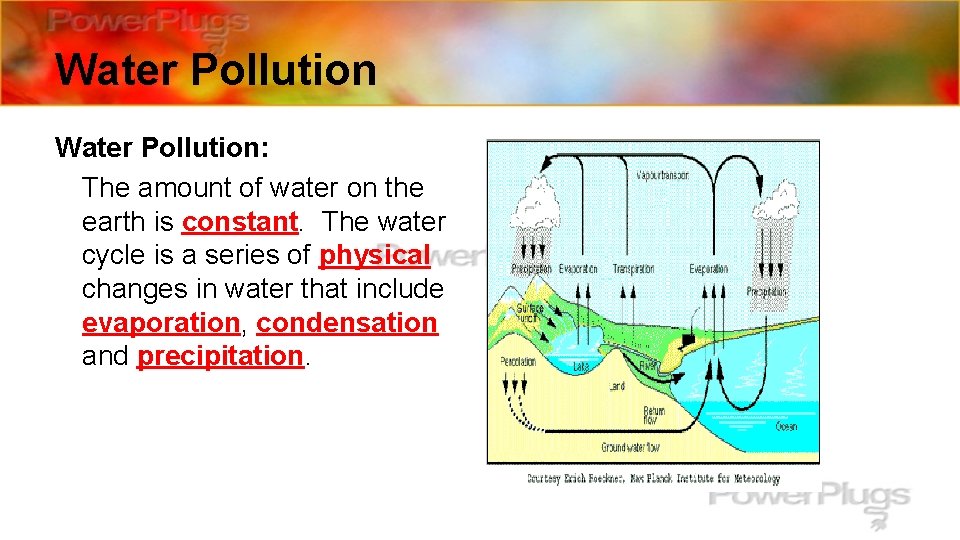 Water Pollution: The amount of water on the earth is constant. The water cycle
