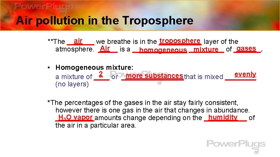 Air pollution in the Troposphere air troposphere layer of the **The _______ we breathe