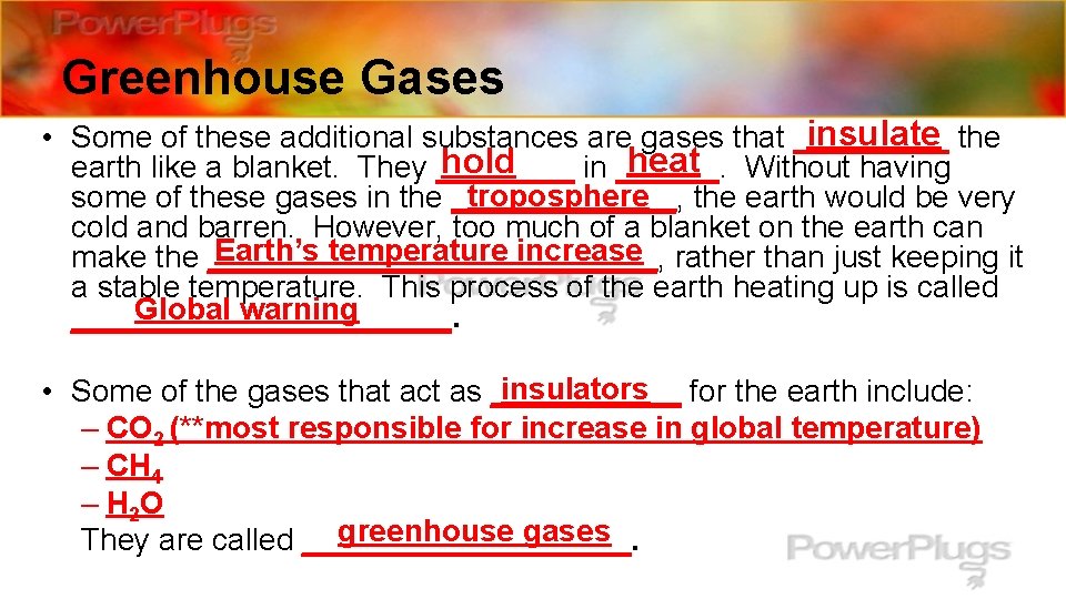 Greenhouse Gases insulate the • Some of these additional substances are gases that _____