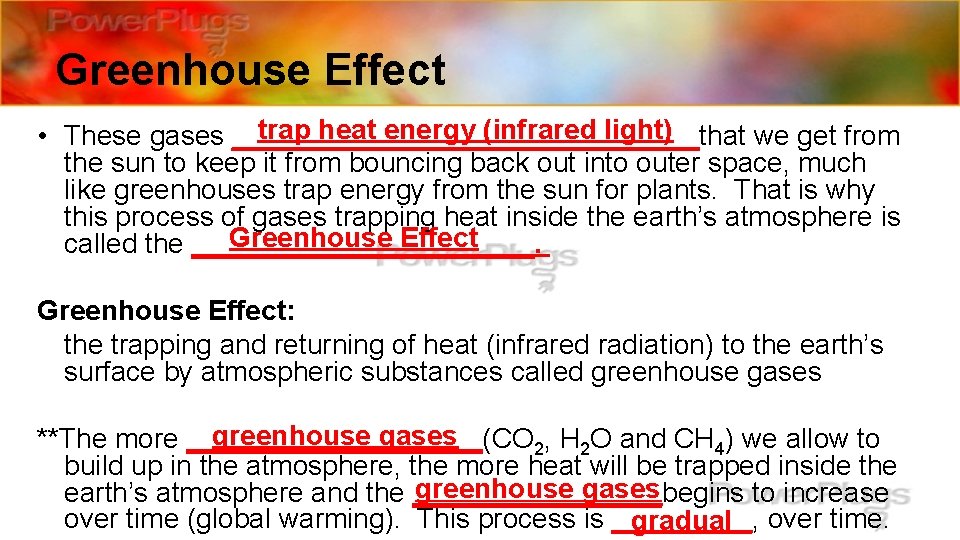 Greenhouse Effect trap heat energy (infrared light) • These gases _______________that we get from