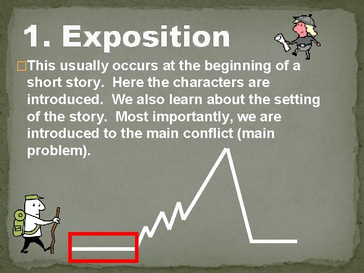 1. Exposition �This usually occurs at the beginning of a short story. Here the