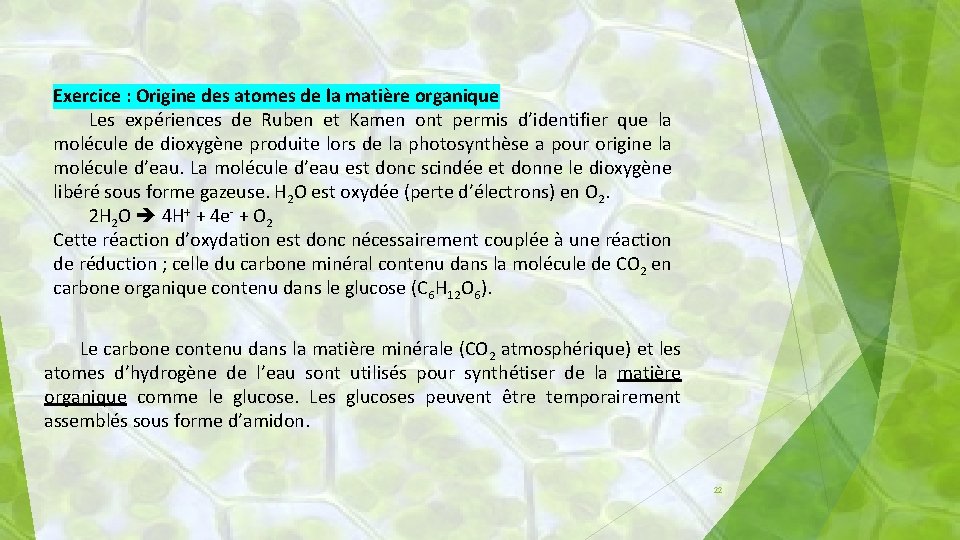 Exercice : Origine des atomes de la matière organique Les expériences de Ruben et