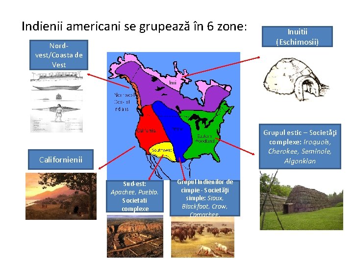 Indienii americani se grupează în 6 zone: Nordvest/Coasta de Vest Inuitii (Eschimosii) Grupul estic