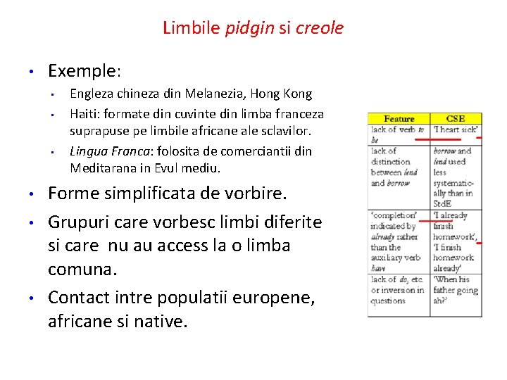 Limbile pidgin si creole • Exemple: • • • Engleza chineza din Melanezia, Hong