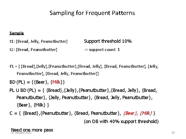 Sampling for Frequent Patterns Sample t 1: {Bread, Jelly, Peanutbutter} Support threshold 10% t