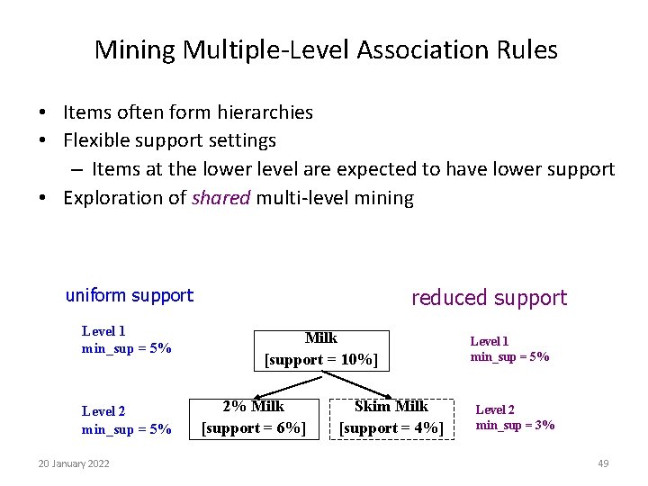 Mining Multiple-Level Association Rules • Items often form hierarchies • Flexible support settings –