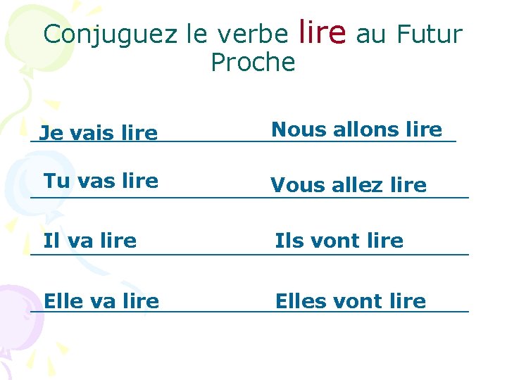 Conjuguez le verbe lire au Futur Proche Nous allons lire _________________ Je vais lire