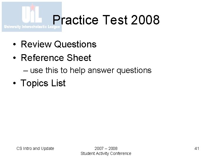 Practice Test 2008 • Review Questions • Reference Sheet – use this to help