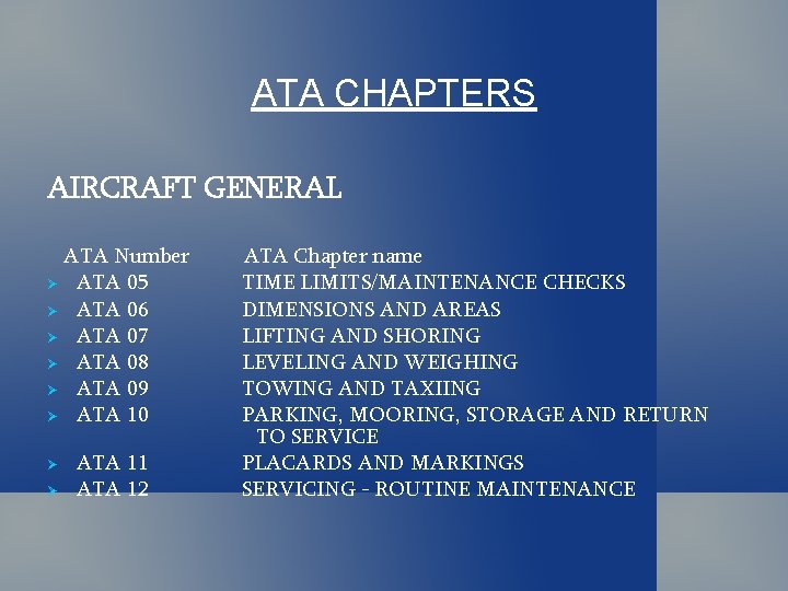 ATA CHAPTERS AIRCRAFT GENERAL ATA Number ATA 05 ATA 06 ATA 07 ATA 08