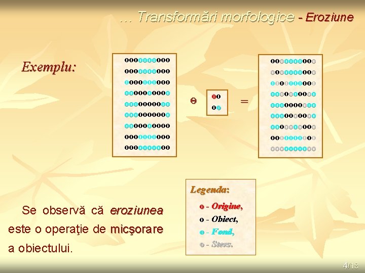 … Transformări morfologice - Eroziune Exemplu: oooooooooo oooooooooo ooooo Θ oo oo = oooooooooo