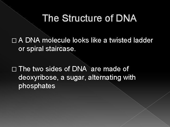 The Structure of DNA �A DNA molecule looks like a twisted ladder or spiral The Structure of DNA �A DNA molecule looks like a twisted ladder or spiral