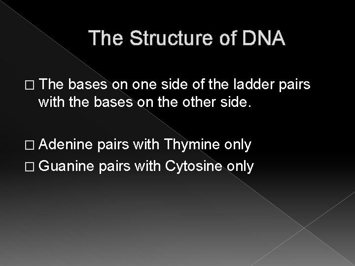 The Structure of DNA � The bases on one side of the ladder pairs The Structure of DNA � The bases on one side of the ladder pairs