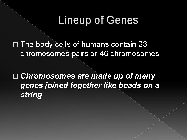 Lineup of Genes � The body cells of humans contain 23 chromosomes pairs or Lineup of Genes � The body cells of humans contain 23 chromosomes pairs or