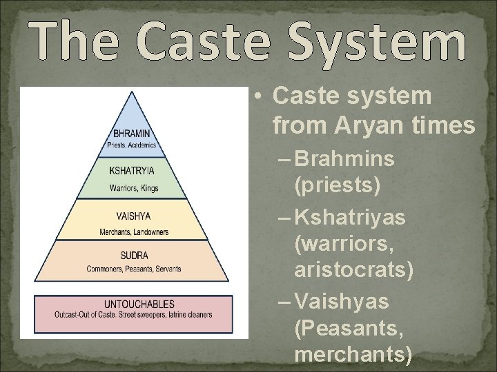 The Caste System • Caste system from Aryan times – Brahmins (priests) – Kshatriyas