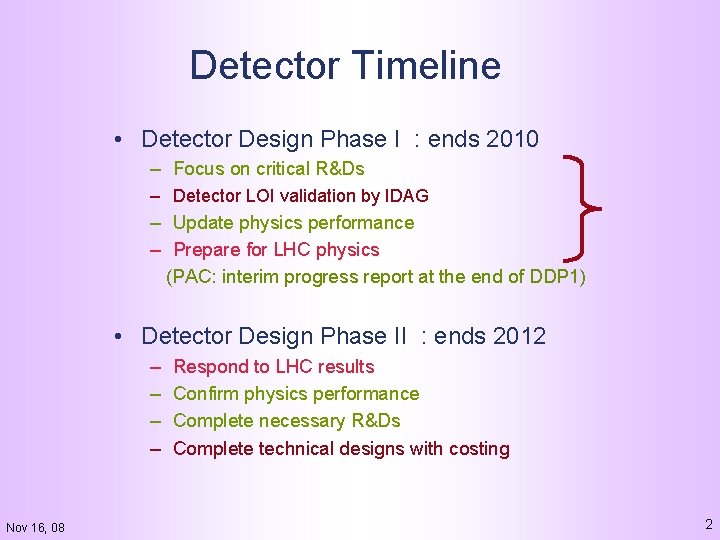 Detector Timeline • Detector Design Phase I : ends 2010 – Focus on critical