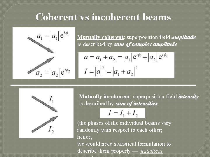 Coherent vs incoherent beams Mutually coherent: superposition field amplitude is described by sum of