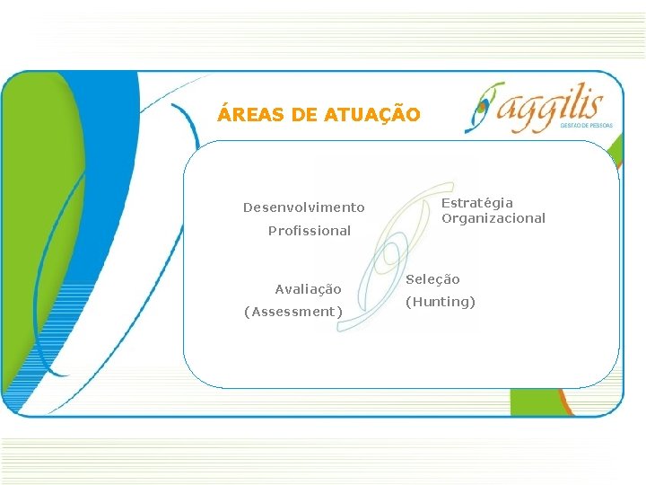 ÁREAS DE ATUAÇÃO Desenvolvimento Profissional Avaliação (Assessment) Estratégia Organizacional Seleção (Hunting) 