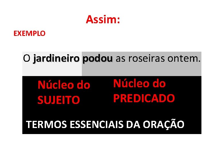 Assim: EXEMPLO O jardineiro podou as roseiras ontem. Núcleo do SUJEITO Núcleo do PREDICADO Assim: EXEMPLO O jardineiro podou as roseiras ontem. Núcleo do SUJEITO Núcleo do PREDICADO