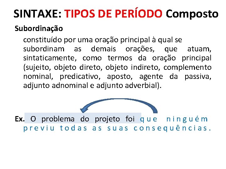 SINTAXE: TIPOS DE PERÍODO Composto Subordinação constituído por uma oração principal à qual se SINTAXE: TIPOS DE PERÍODO Composto Subordinação constituído por uma oração principal à qual se