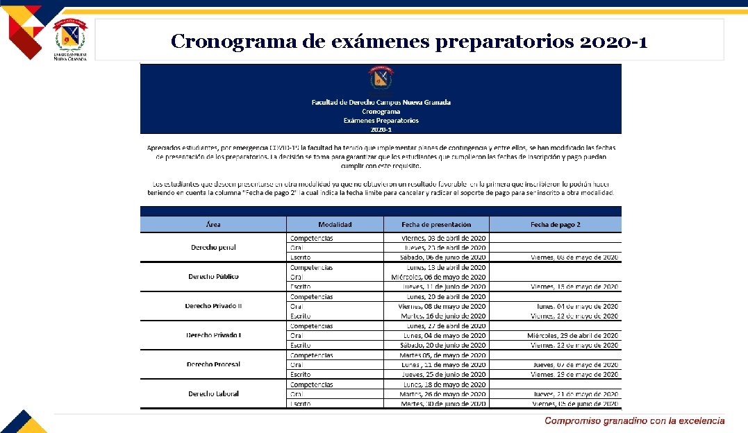 Cronograma de exámenes preparatorios 2020 -1 