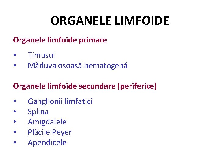 ORGANELE LIMFOIDE Organele limfoide primare • • Timusul Măduva osoasă hematogenă Organele limfoide secundare