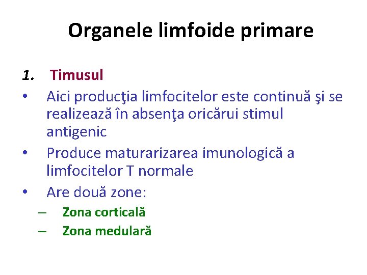 Organele limfoide primare 1. Timusul • Aici producţia limfocitelor este continuă şi se realizează