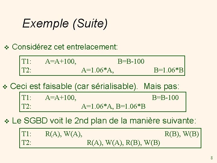 Exemple (Suite) v Considérez cet entrelacement: T 1: T 2: v B=B-100 A=1. 06*A,