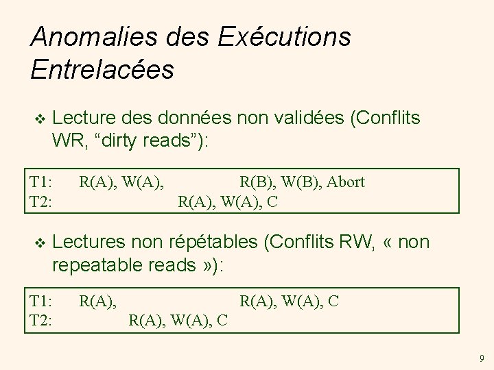 Anomalies des Exécutions Entrelacées v Lecture des données non validées (Conflits WR, “dirty reads”):