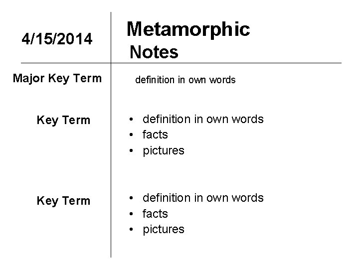 4/15/2014 Major Key Term Metamorphic Notes definition in own words Key Term • definition