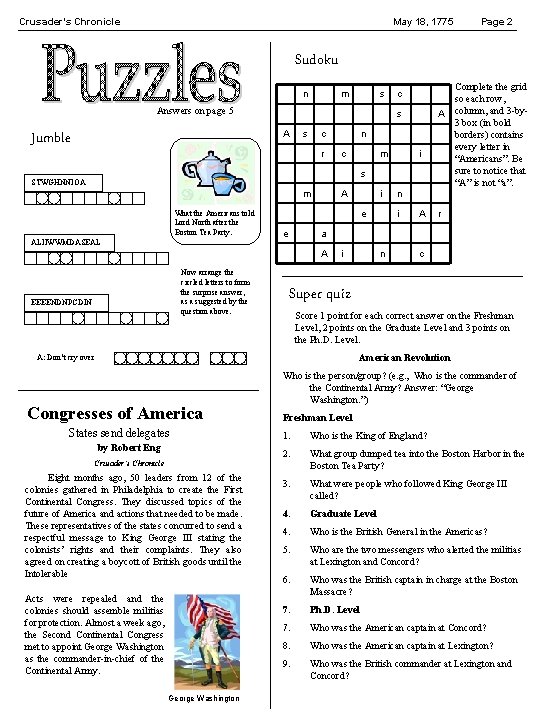 Crusader’s Chronicle May 18, 1775 Page 2 Sudoku n m s Answers on page