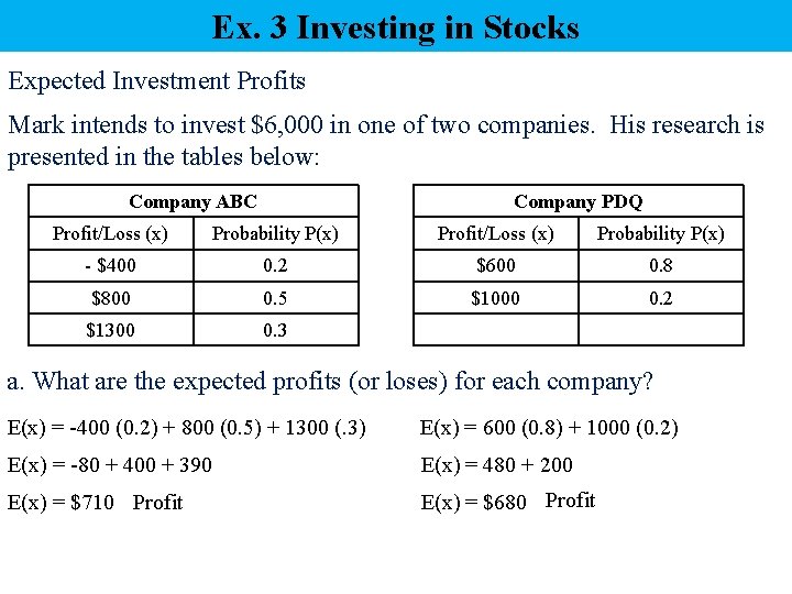 Ex. 3 Investing in Stocks Expected Investment Profits Mark intends to invest $6, 000