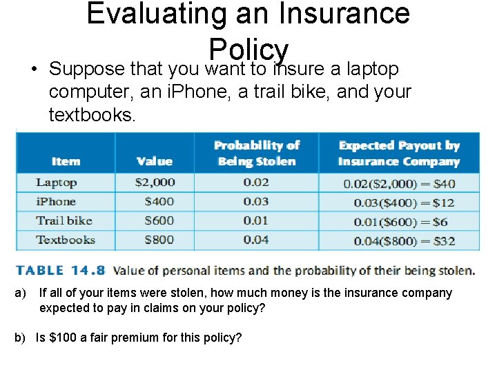  • Evaluating an Insurance Policy Suppose that you want to insure a laptop