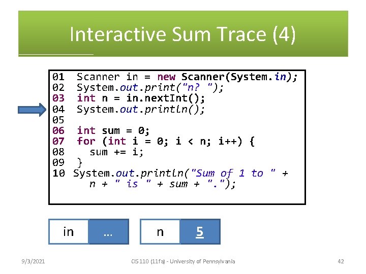 Interactive Sum Trace (4) 01 Scanner in = new Scanner(System. in); 02 System. out.
